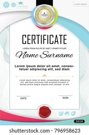 White official certificate with badge and wafer. Vector template. Grey colorful design elements on white background. Official blank. Business background