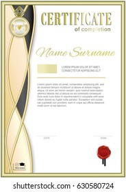 White official certificate with gold black design elements. Curved lines. 