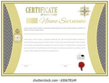 White official certificate with gold frame, black white stripes