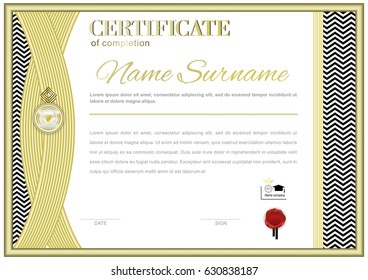 White official certificate with gold frame, black white zigzag design elements
