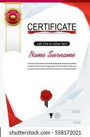 White official certificate with red triangle design elements. White realistic ribbon and red emblem