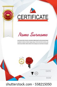 White official certificate with red triangle design elements. White realistic ribbon and red emblem
