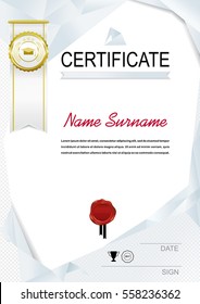 White official certificate with white triangle design elements. White emblem and white ribbon