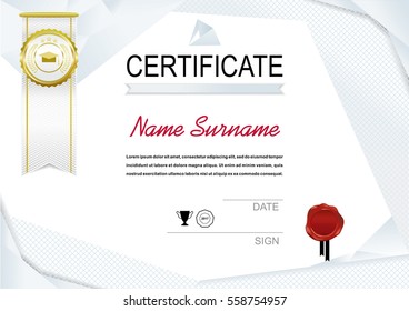 White official certificate with white triangle design elements. White emblem and white ribbon