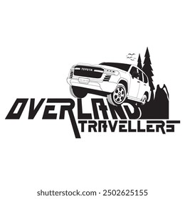 White off-road car logo vector illustration. With views of mountains and pine trees, across rocky terrain. Perfect for logos, posters, stickers and t-shirts.