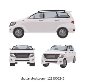 White off-roader, CUV car or automobile isolated on white background. Elegant luxury motor vehicle for off-road travel. Front and side views. Colored vector illustration in flat cartoon style.