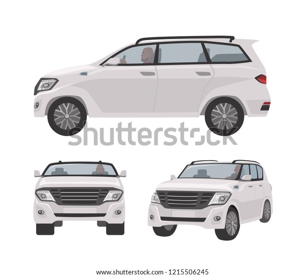 White off-roader, CUV car or automobile isolated\
on white background. Elegant luxury motor vehicle for off-road\
travel. Front and side views. Colored vector illustration in flat\
cartoon style.