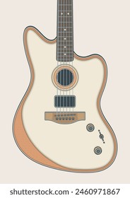 White offset body acoustic electric guitar in detailed vector illustration. Created in the style of retro