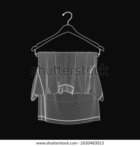 White off-shoulder top hangs on a sleek hanger against a dark black background. The fabric drapes elegantly with subtle folds, creating a clean and minimalist aesthetic.