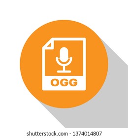 White OGG file document icon. Download ogg button icon isolated on white background. OGG file symbol. Orange circle button. Vector Illustration