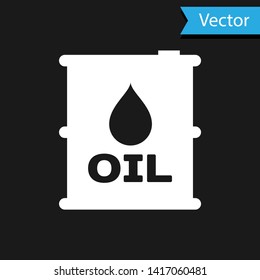 White Oil barrel icon isolated on black background. Oil drum container. For infographics, fuel, industry, power, ecology. Vector Illustration