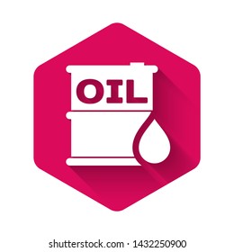 White Oil barrel icon isolated with long shadow. Oil drum container. For infographics, fuel, industry, power, ecology. Pink hexagon button. Vector Illustration