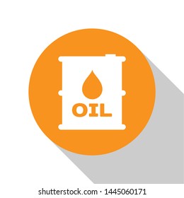 White Oil barrel icon isolated on white background. Oil drum container. For infographics, fuel, industry, power, ecology. Orange circle button. Vector Illustration