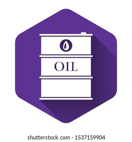 White Oil barrel icon isolated with long shadow. Oil drum container. For infographics, fuel, industry, power, ecology. Purple hexagon button. Vector Illustration