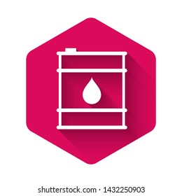 White Oil barrel line icon isolated with long shadow. Oil drum container. For infographics, fuel, industry, power, ecology. Pink hexagon button. Vector Illustration