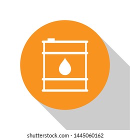 White Oil barrel line icon isolated on white background. Oil drum container. For infographics, fuel, industry, power, ecology. Orange circle button. Vector Illustration
