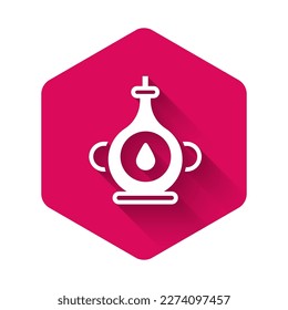 White Oil bottle icon isolated with long shadow. Pink hexagon button. Vector