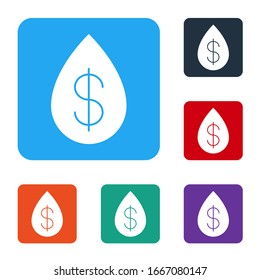 White Oil drop with dollar symbol icon isolated on white background. Set icons in color square buttons. Vector Illustration