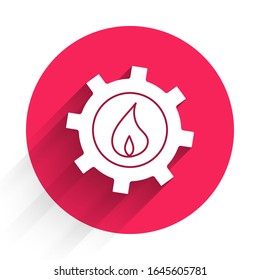 White Oil and gas industrial factory building icon isolated with long shadow. Red circle button. Vector Illustration