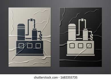 White Oil and gas industrial factory building icon isolated on crumpled paper background. Paper art style. Vector Illustration