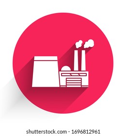 White Oil and gas industrial factory building icon isolated with long shadow. Red circle button. Vector Illustration