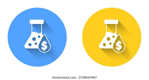 White Oil petrol test tube icon isolated with long shadow background. Cmemistry flask and falling drop. Circle button. Vector