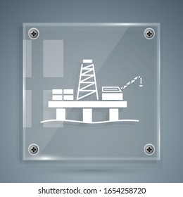 White Oil platform in the sea icon isolated on grey background. Drilling rig at sea. Oil platform, gas fuel, industry offshore. Square glass panels. Vector Illustration