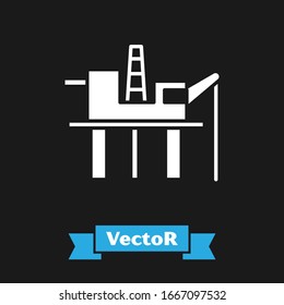 White Oil platform in the sea icon isolated on black background. Drilling rig at sea. Oil platform, gas fuel, industry offshore.  Vector Illustration