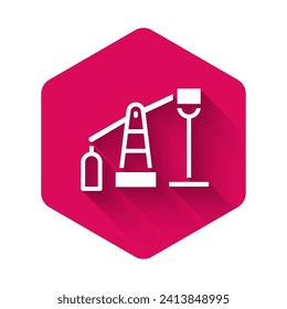 White Oil pump or pump jack icon isolated with long shadow background. Oil rig. Pink hexagon button. Vector