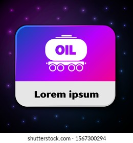 White Oil railway cistern icon isolated on black background. Train oil tank on railway car. Rail freight. Oil industry. Rectangle color button. Vector Illustration