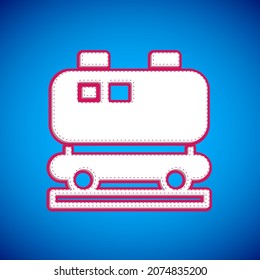 White Oil railway cistern icon isolated on blue background. Train oil tank on railway car. Rail freight. Oil industry.  Vector
