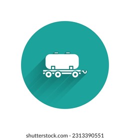 White Oil railway cistern icon isolated with long shadow. Train oil tank on railway car. Rail freight. Oil industry. Green circle button. Vector Illustration