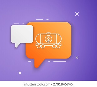 Ícone da cisterna ferroviária White Oil isolado no fundo roxo. Tanque de óleo do trem no vagão ferroviário. Transporte ferroviário de mercadorias. Indústria petrolífera. Símbolo laranja de balão de fala. Vetor