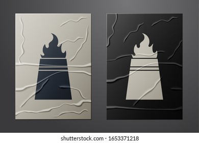 White Oil rig with fire icon isolated on crumpled paper background. Fire accident. Gas tower. Industrial object. Paper art style. Vector Illustration