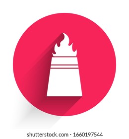 White Oil rig with fire icon isolated with long shadow. Fire accident. Gas tower. Industrial object. Red circle button. Vector Illustration