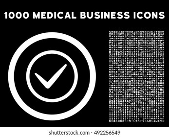 White Ok vector rounded icon. Image style is a flat icon symbol inside a circle, black background. Bonus clipart has 1000 health care business elements.