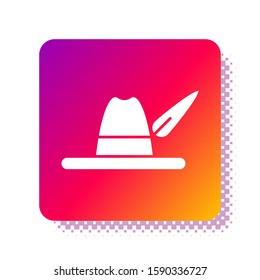 White Oktoberfest hat icon isolated on white background. Hunter hat with feather. German hat. Square color button. Vector Illustration