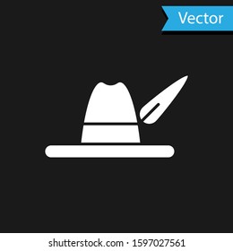 White Oktoberfest hat icon isolated on black background. Hunter hat with feather. German hat.  Vector Illustration