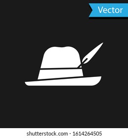 White Oktoberfest hat icon isolated on black background. Hunter hat with feather. German hat.  Vector Illustration