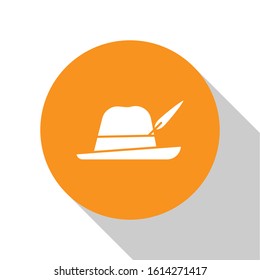 White Oktoberfest hat icon isolated on white background. Hunter hat with feather. German hat. Orange circle button. Vector Illustration