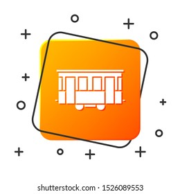 White Old city tram icon isolated on white background. Public transportation symbol. Orange square button. Vector Illustration