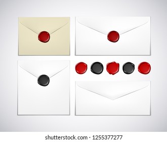 White and old envelope paper with wax seal stamps set isolated