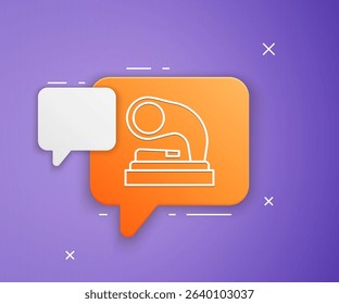 White Old gramophone icon isolated on purple background. Orange speech bubble symbol. Vector