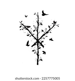 White old grunge texture with abstract Scandinavian bind rune with wooden branches and leaves. Viking rune tree brancheswith flying birds