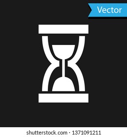 White Old hourglass with flowing sand icon isolated on black background. Sand clock sign. Business and time management concept. Vector Illustration