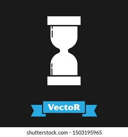 White Old hourglass with flowing sand icon isolated on black background. Sand clock sign. Business and time management concept.  Vector Illustration