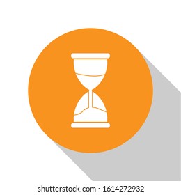 White Old hourglass with flowing sand icon isolated on white background. Sand clock sign. Business and time management concept. Orange circle button. Vector Illustration