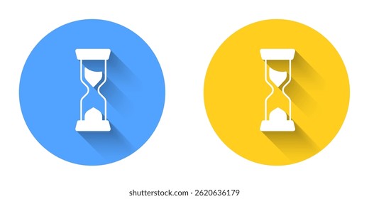 White Old hourglass with flowing sand icon isolated with long shadow background. Sand clock sign. Business and time management concept. Circle button. Vector