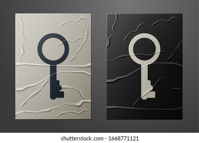 White Old key icon isolated on crumpled paper background. Paper art style. Vector Illustration