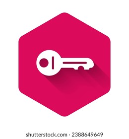 White Old key icon isolated with long shadow background. Pink hexagon button. Vector
